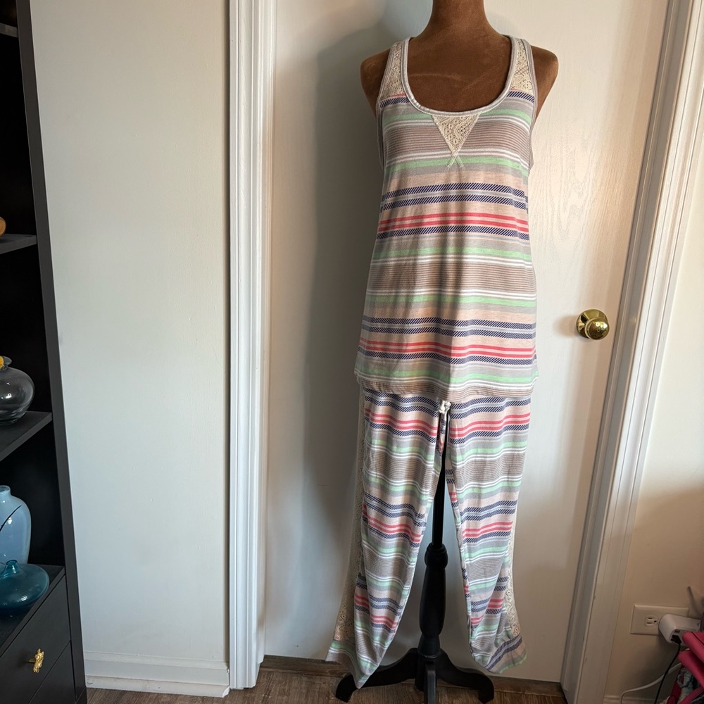 Striped and Lace Pajama Set Size L Boho Loungewear Zoe Bella